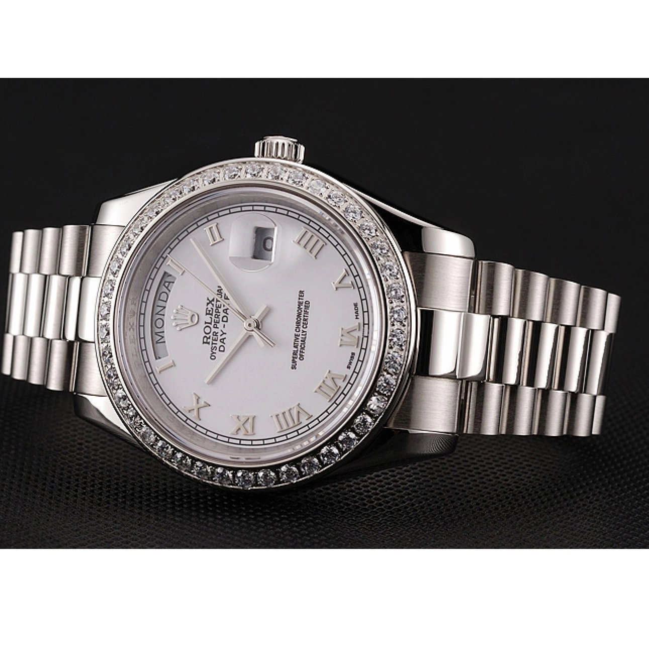 AAA replica watch Case Diamond Bracelet White Day-Date Swiss Dial Rolex Steel 1453967 Stainless 0723